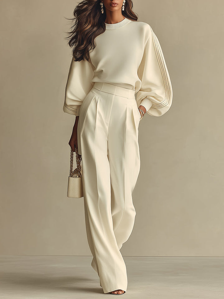 Dámske off-white ľahké tkané nohavice s širokými nohavicami, vysokým pásom a voľným strihom, sofistikované kancelárske elegantné nohavice MDZ0856A8I
