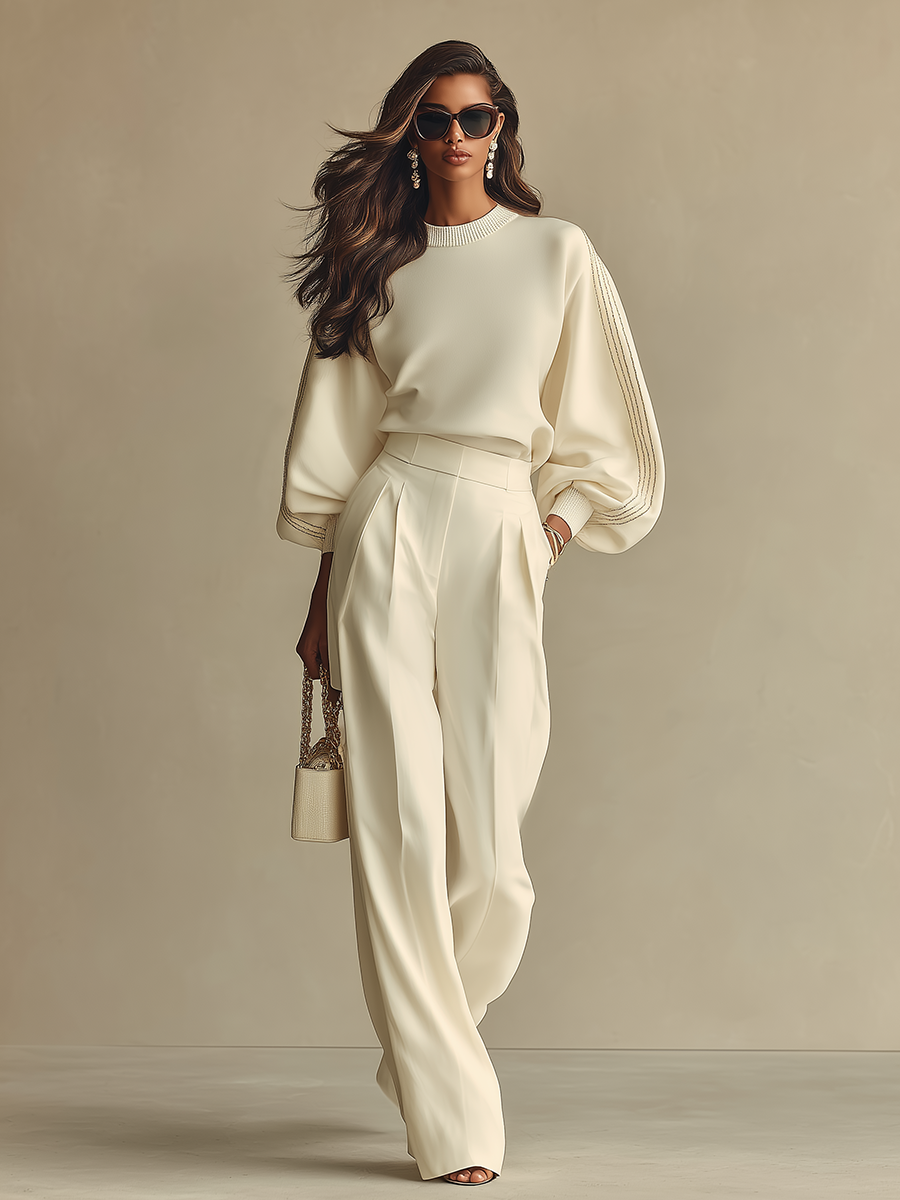 Dámske off-white ľahké tkané nohavice s širokými nohavicami, vysokým pásom a voľným strihom, sofistikované kancelárske elegantné nohavice MDZ0856A8I
