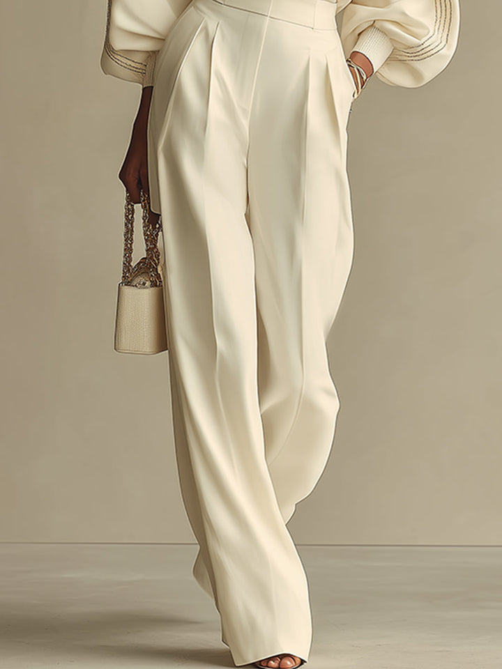 Dámske off-white ľahké tkané nohavice s širokými nohavicami, vysokým pásom a voľným strihom, sofistikované kancelárske elegantné nohavice MDZ0856A8I